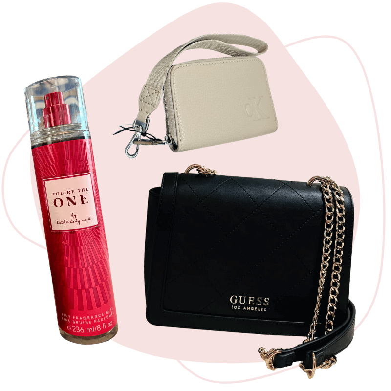 collage of guess, bbw mist, and wallet